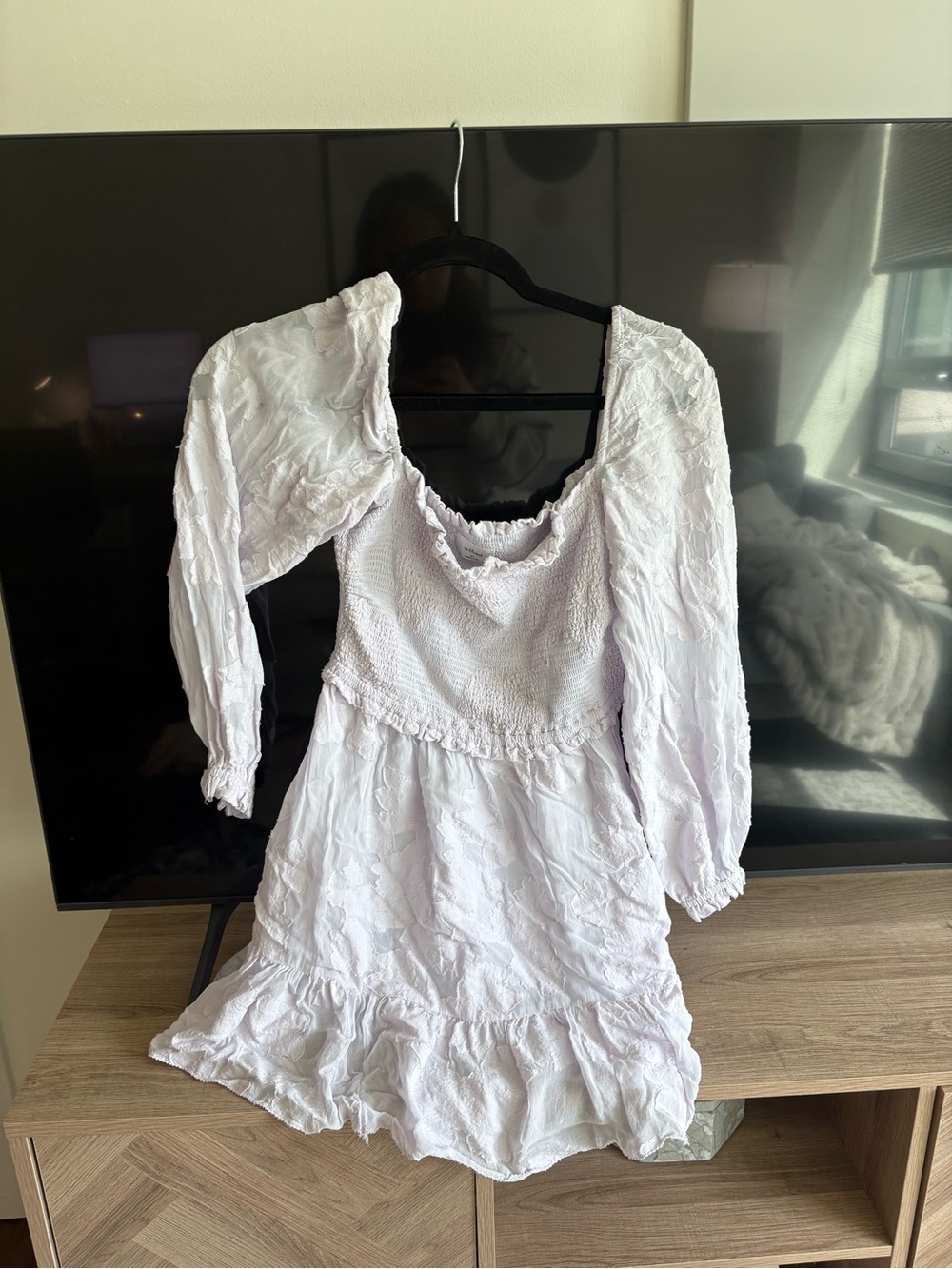 Aritzia Lavender Textured Puff-Sleeve Mini Dress